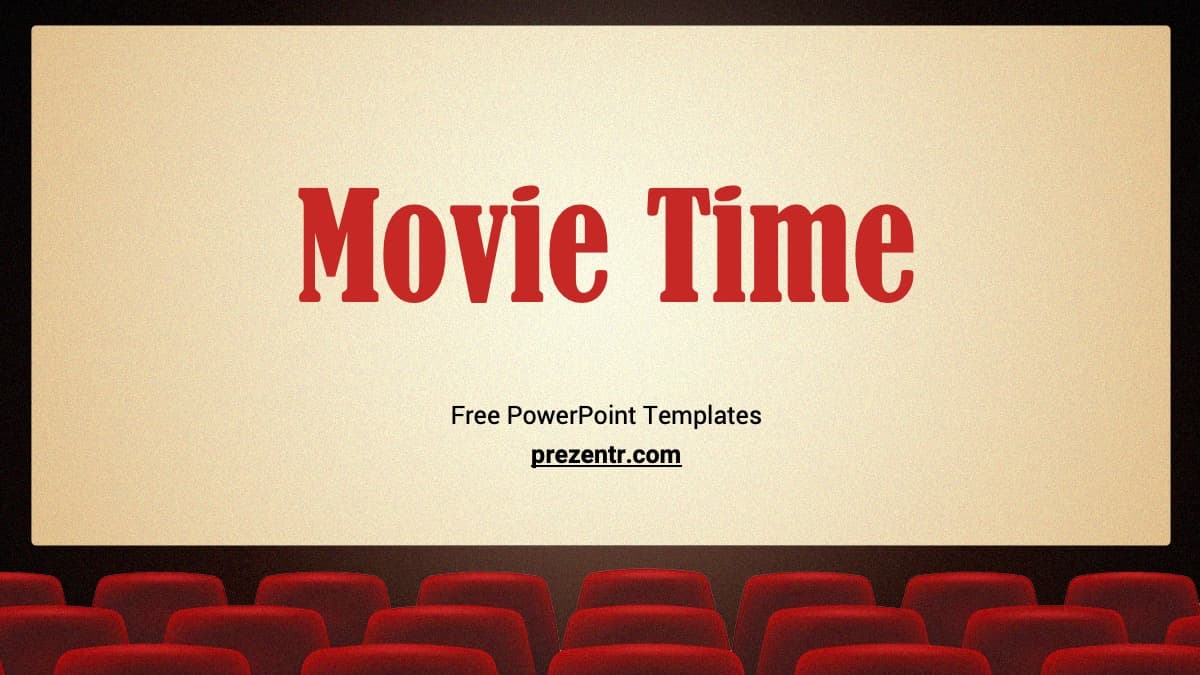 Movie Theater template cover slide with "Movie Time" in red text on cream background, red cinema seats at bottom