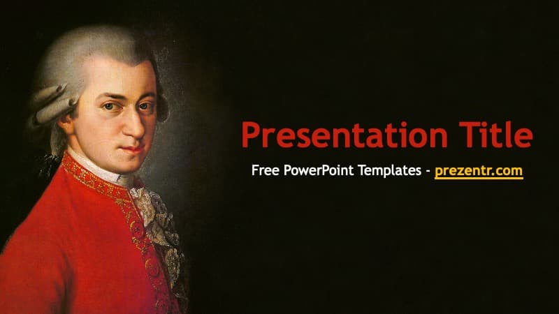 Mozart PowerPoint Template cover slide with classical portrait in red coat on dark background and red title text