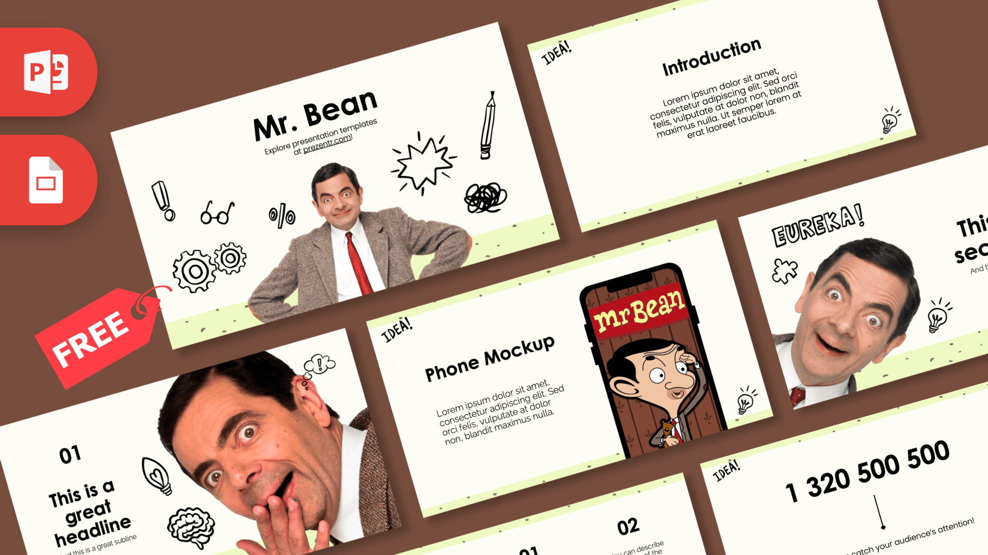 Mr. Bean PowerPoint template cover slide with character photos, hand-drawn icons, and cream/green color scheme
