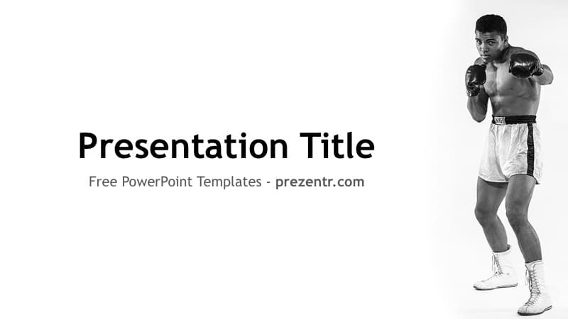 Muhammad Ali template cover slide: black and white boxer in fighting stance, minimalist layout with title text