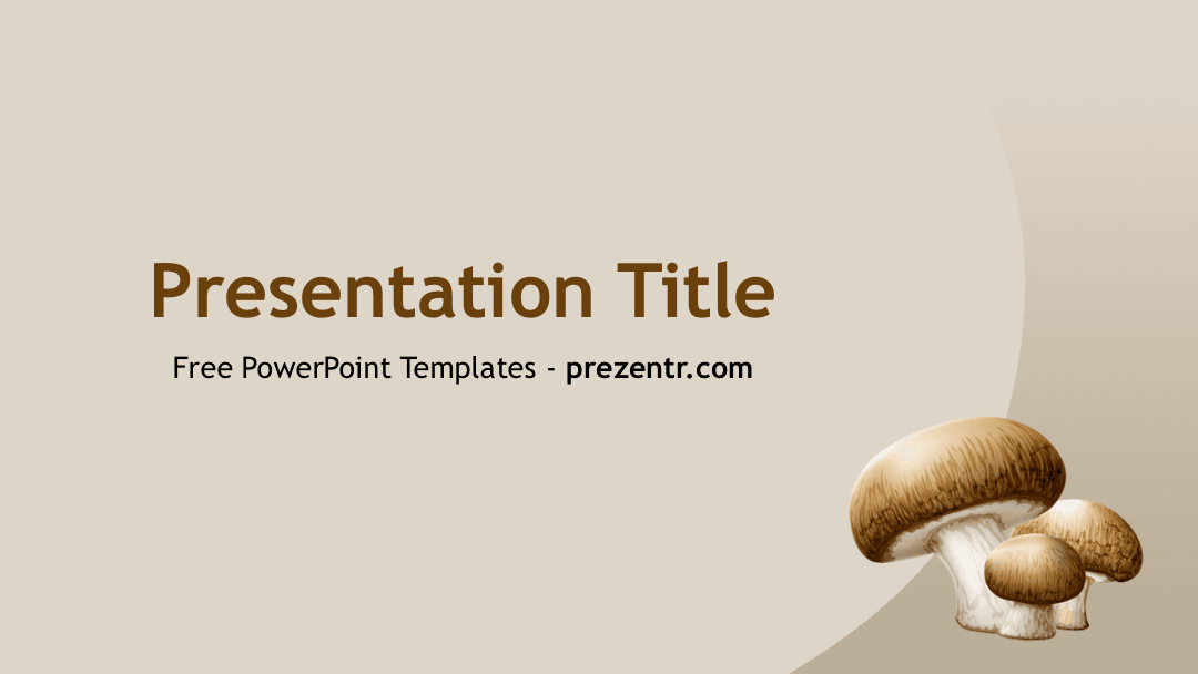 Mushrooms PowerPoint Template cover slide with beige background and brown mushroom illustrations