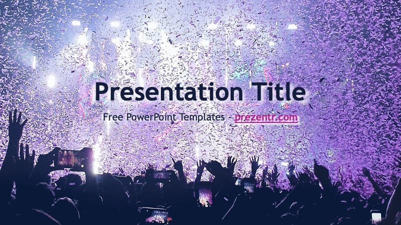 Concert crowd silhouettes under purple confetti with stage lights for Music Festival PowerPoint Template cover slide