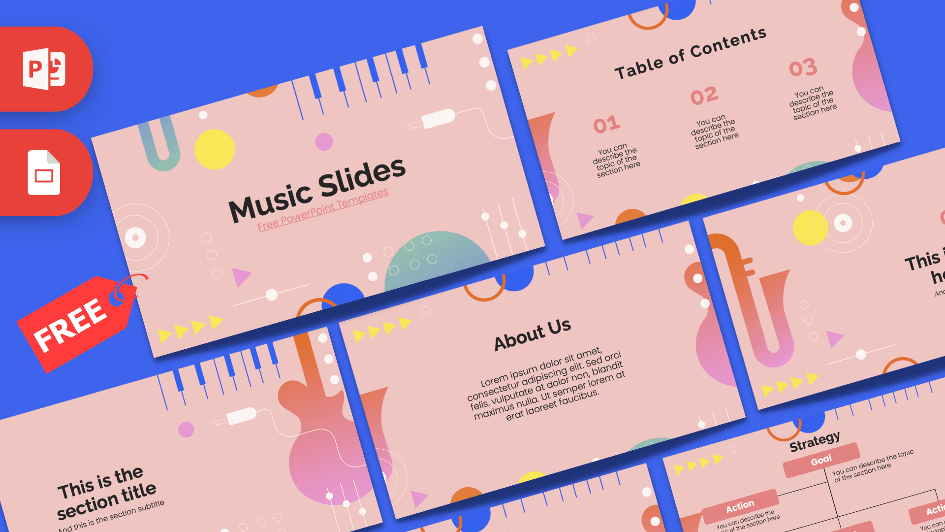 Music Slides PowerPoint template cover with pastel pink background and colorful geometric shapes