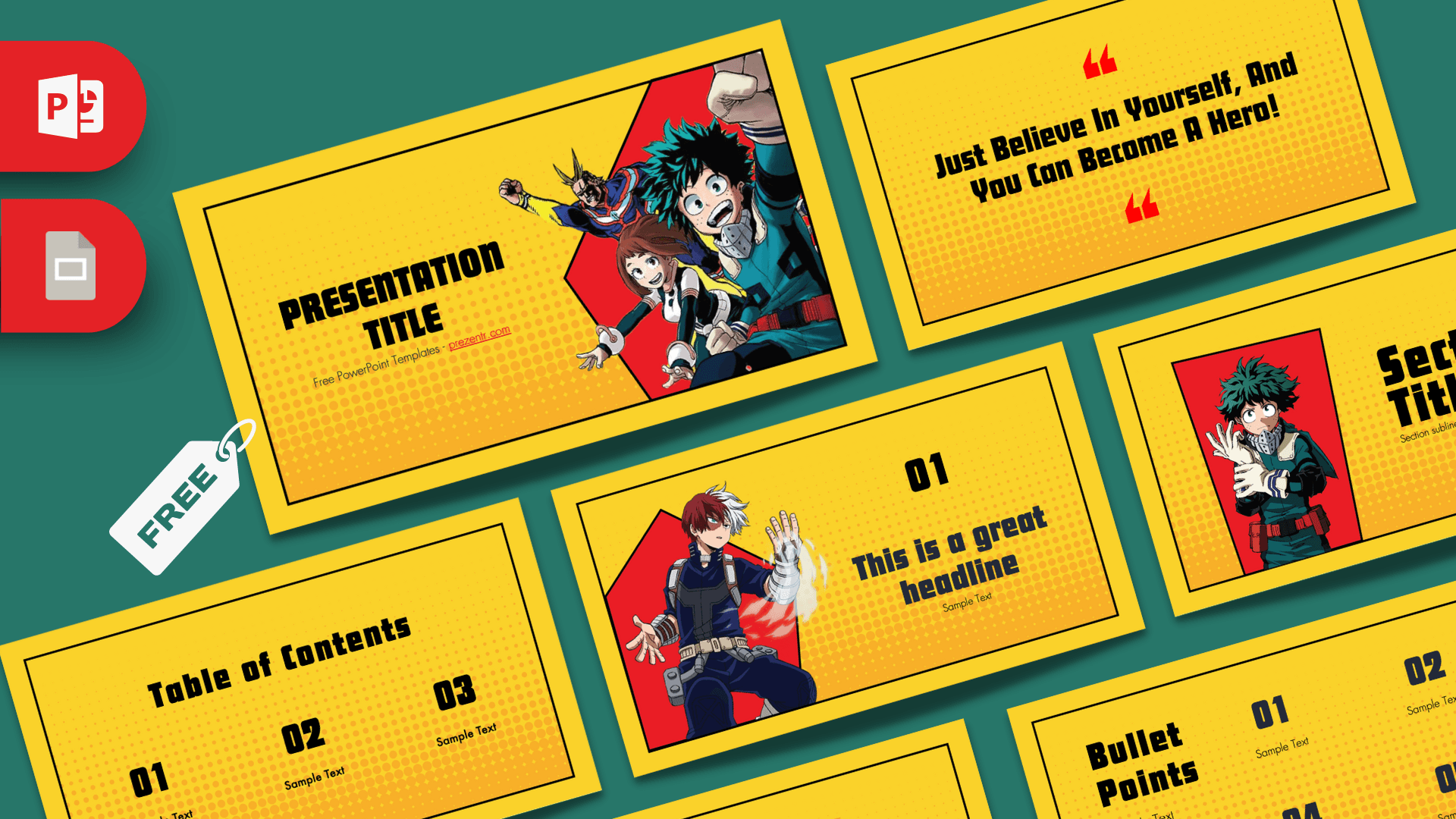 My Hero Academia PowerPoint template cover slide with yellow and red anime characters in dynamic poses