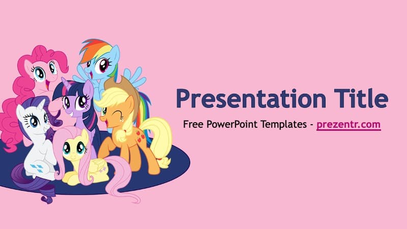 My Little Pony PowerPoint Template cover slide featuring colorful cartoon ponies on pink background with dark blue title area