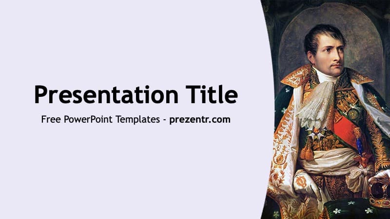 Napoleon Bonaparte PowerPoint Template cover slide with portrait and ornate military uniform against light background