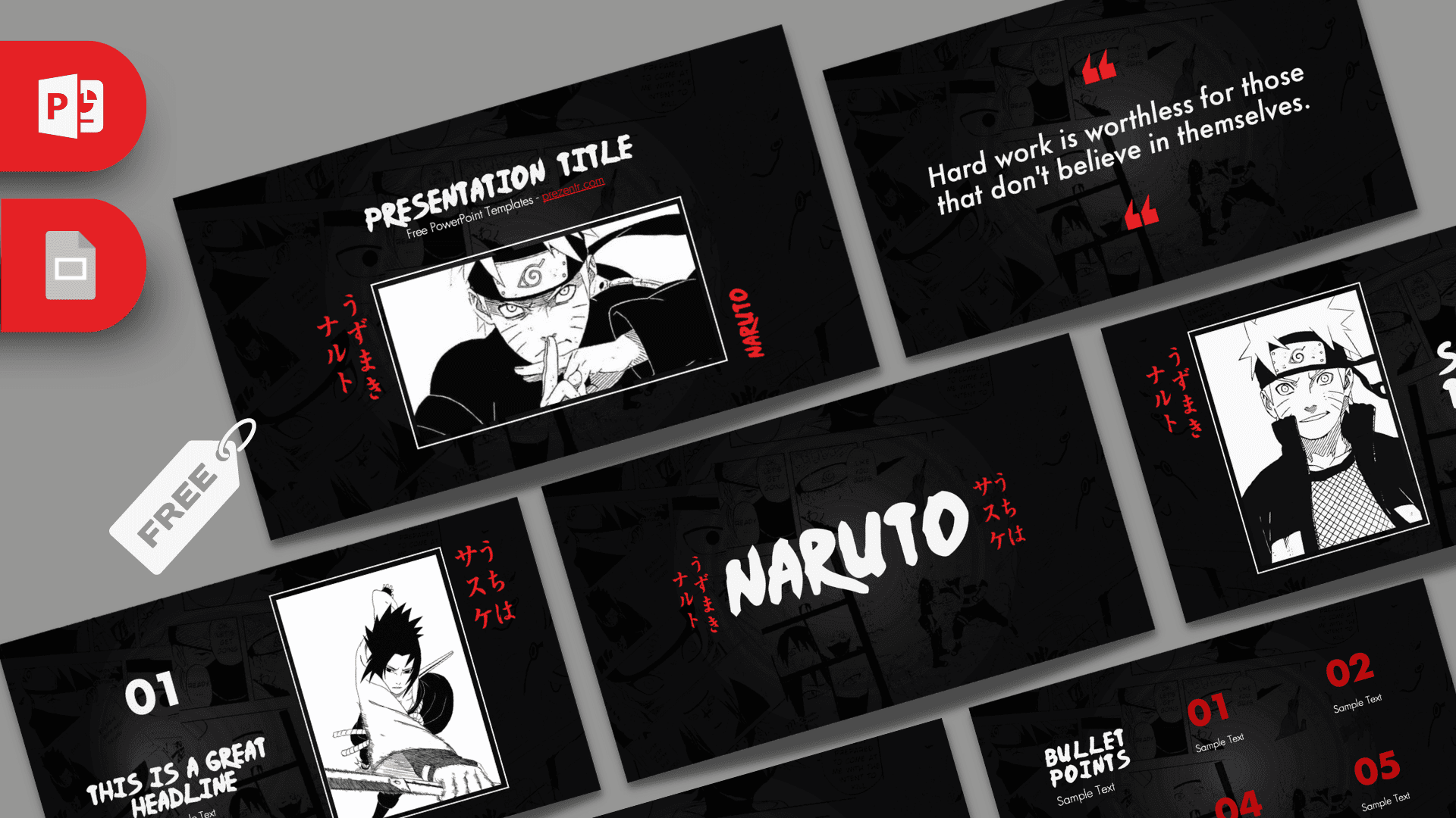 Naruto PowerPoint template cover slide with black background, red accents, and manga character illustrations