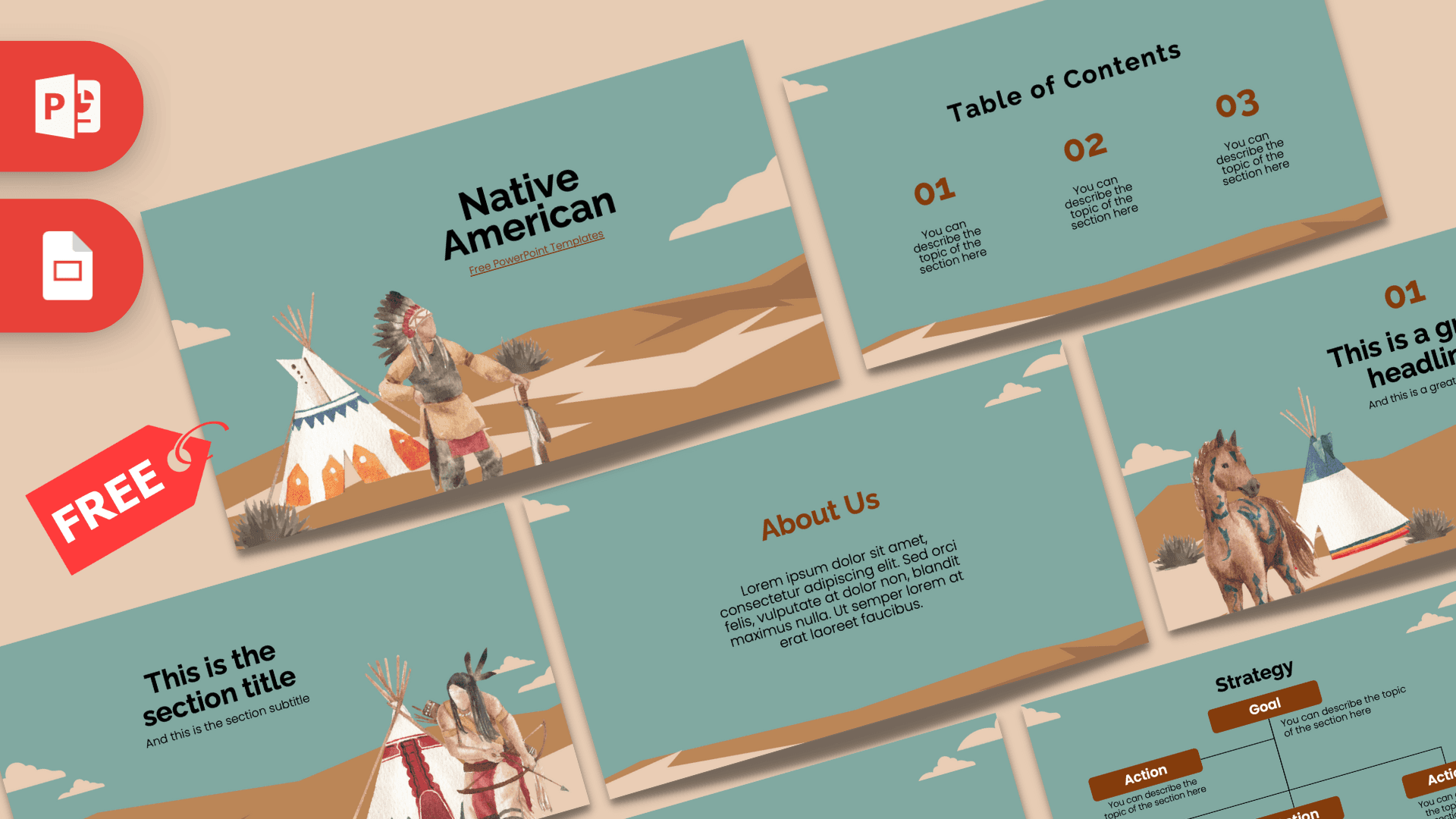 Native American PowerPoint template cover with turquoise background, illustrated teepees and indigenous figures on desert