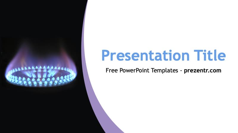 Natural Gas PowerPoint Template cover slide featuring blue flame on dark background with curved purple border