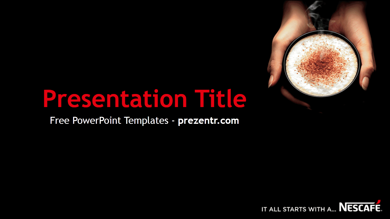 Nescafe PowerPoint template cover slide with hands holding cappuccino cup on black background, red title text