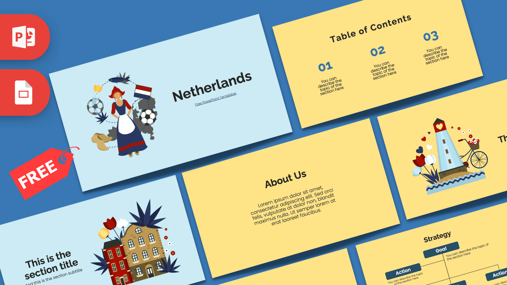 Netherlands PowerPoint Template cover slide featuring Dutch-themed illustrations and blue-yellow color scheme