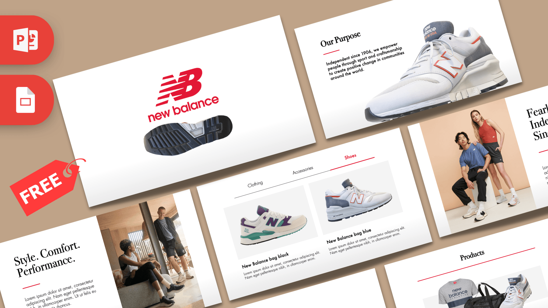 New Balance PowerPoint template cover with red logo, shoe imagery, and diagonal layout design