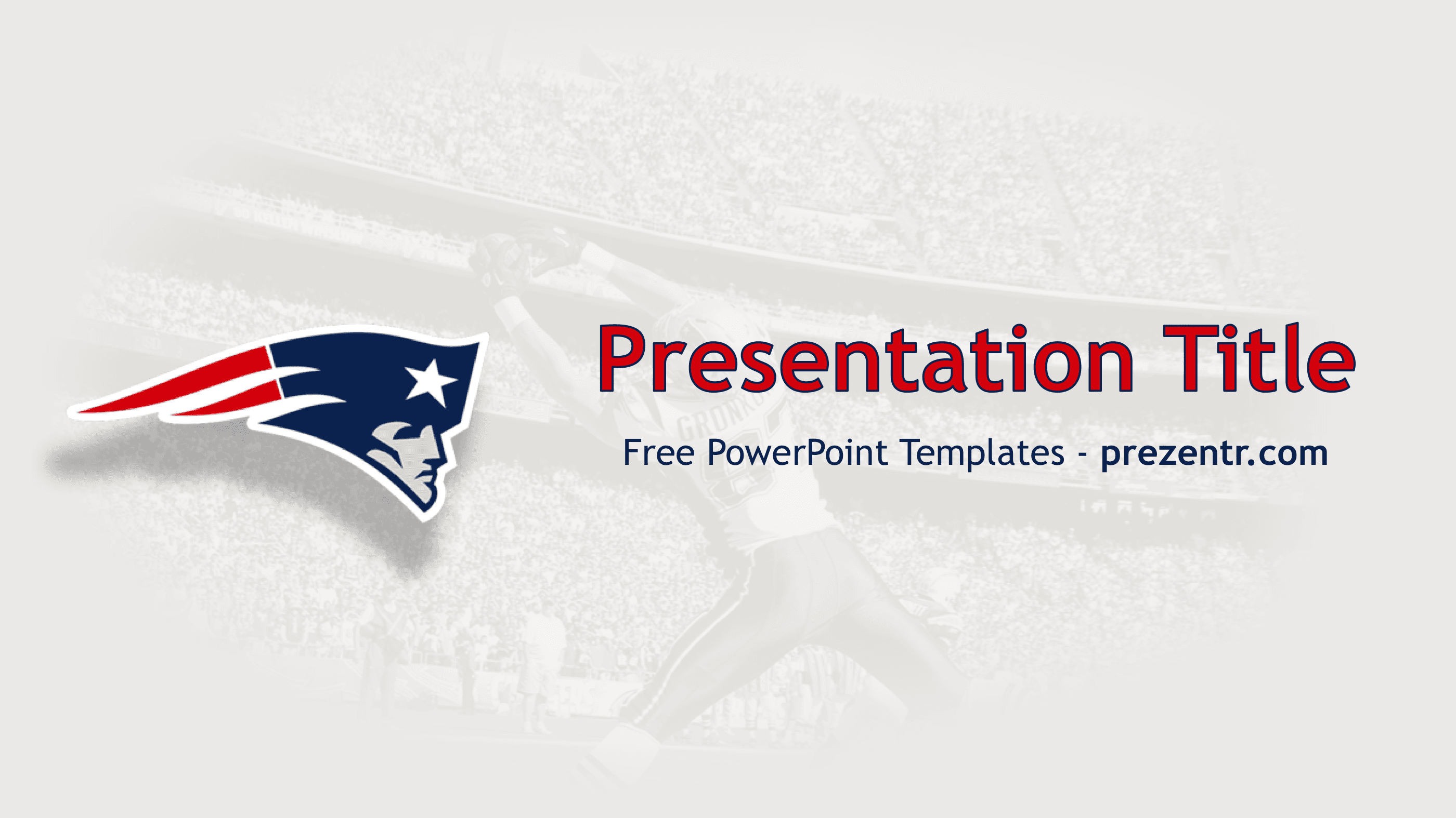 New England Patriots PowerPoint Template title slide with team logo, red and blue colors, and faded stadium background