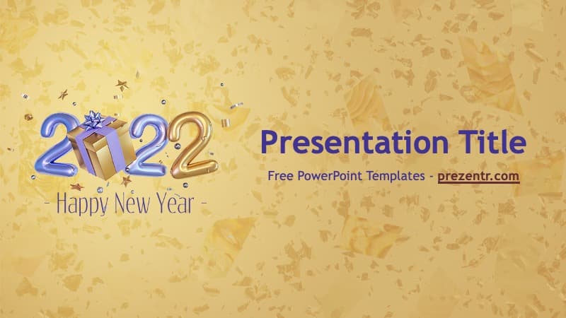 New Year 2022 PowerPoint Template cover slide with gold background and blue 2022 graphics