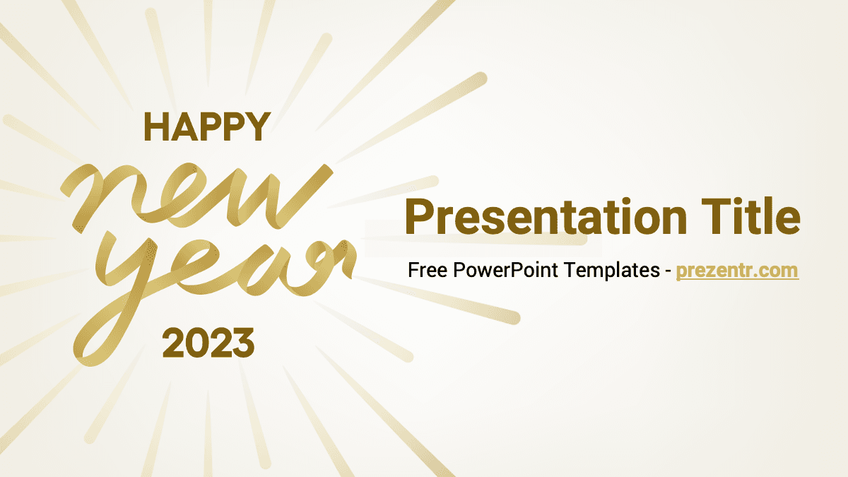 Happy New Year 2023 PowerPoint template cover slide with gold text and radiant sunburst design on cream background