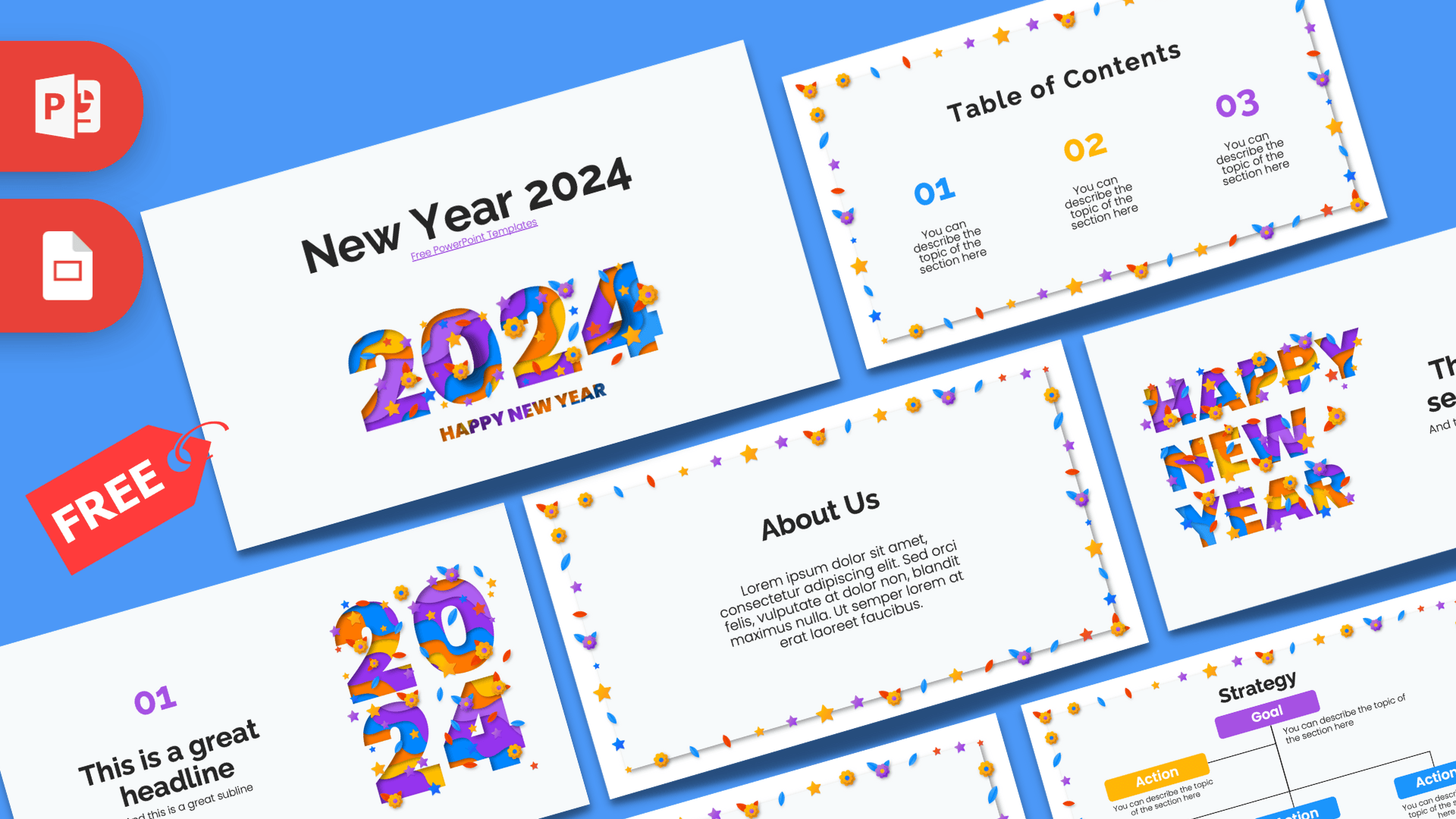 New Year 2024 PowerPoint Template cover slide with colorful 2024 numbers and festive confetti decorations