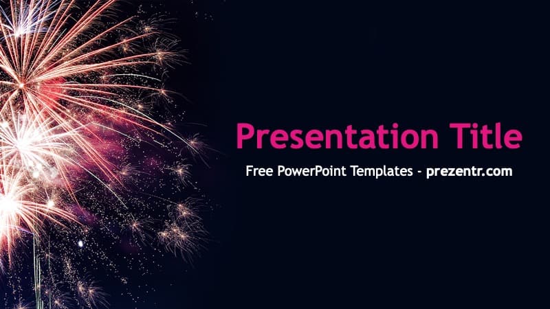 New Year's Eve PowerPoint template cover slide with pink fireworks on dark background and magenta title text