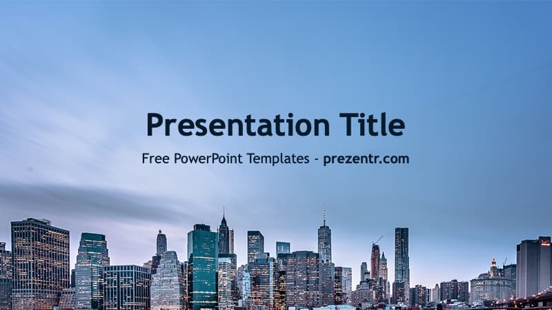 New York PowerPoint Template cover slide featuring Manhattan skyline at dusk with blue sky gradient