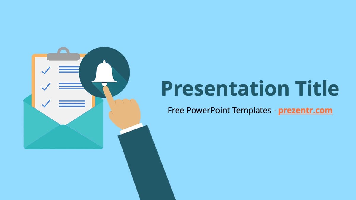 Newsletter PowerPoint template cover slide with envelope, checklist, and bell icon on blue background