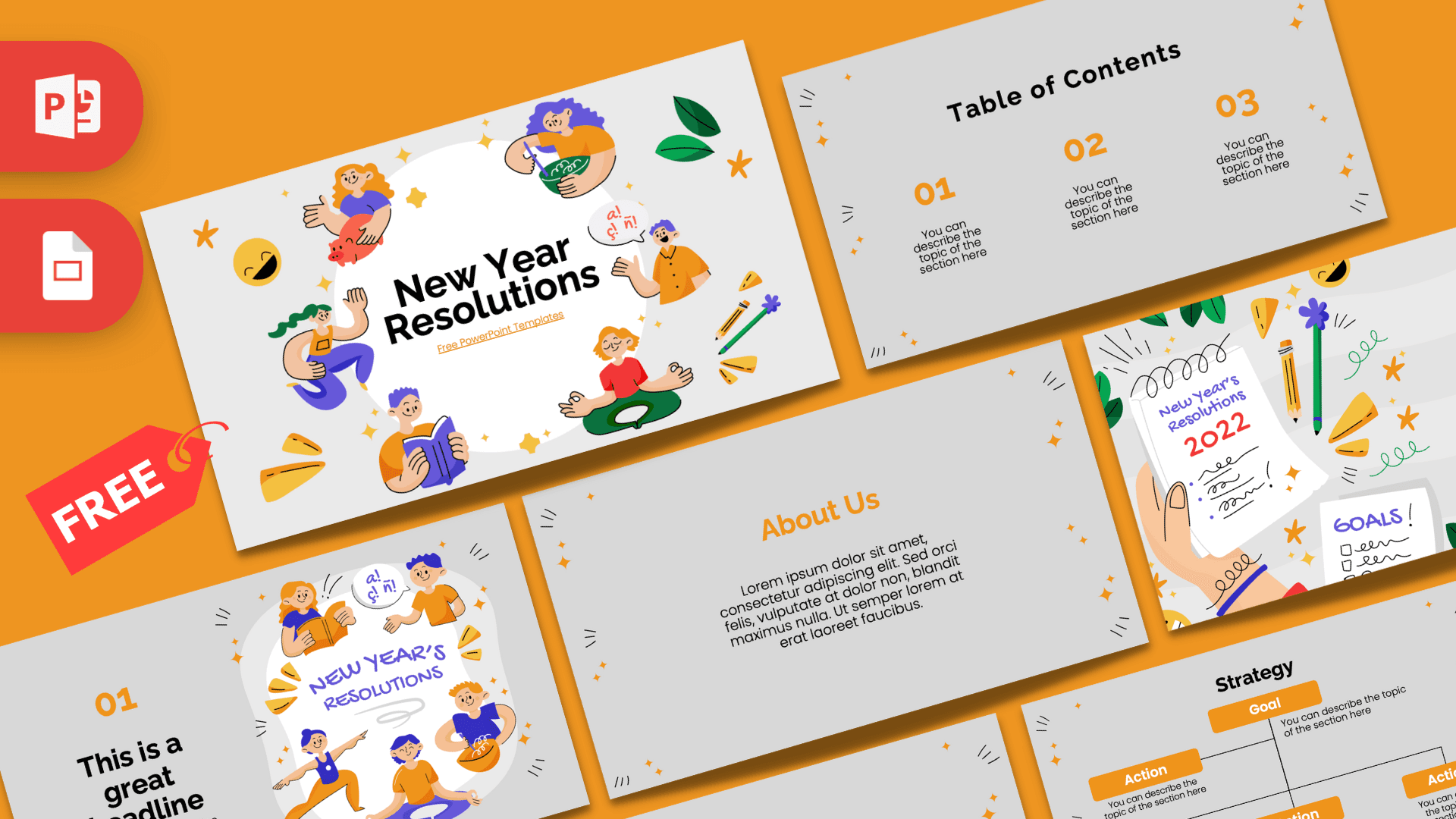 New Year Resolutions PowerPoint template cover with colorful illustrated characters and orange-white layout design