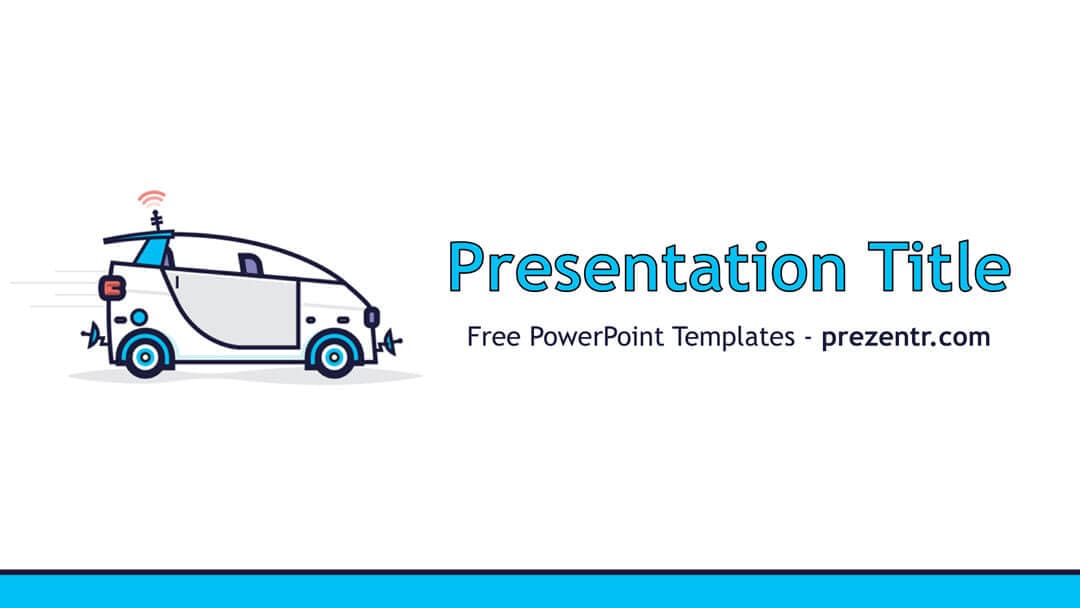 Self-driving Car PowerPoint Template cover slide with autonomous vehicle illustration and cyan blue accents