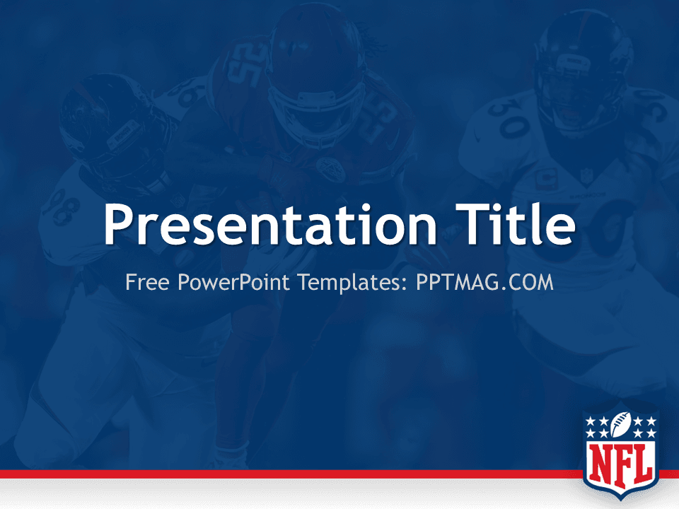NFL PowerPoint Template cover slide with blue football players, red stripe, and white title text