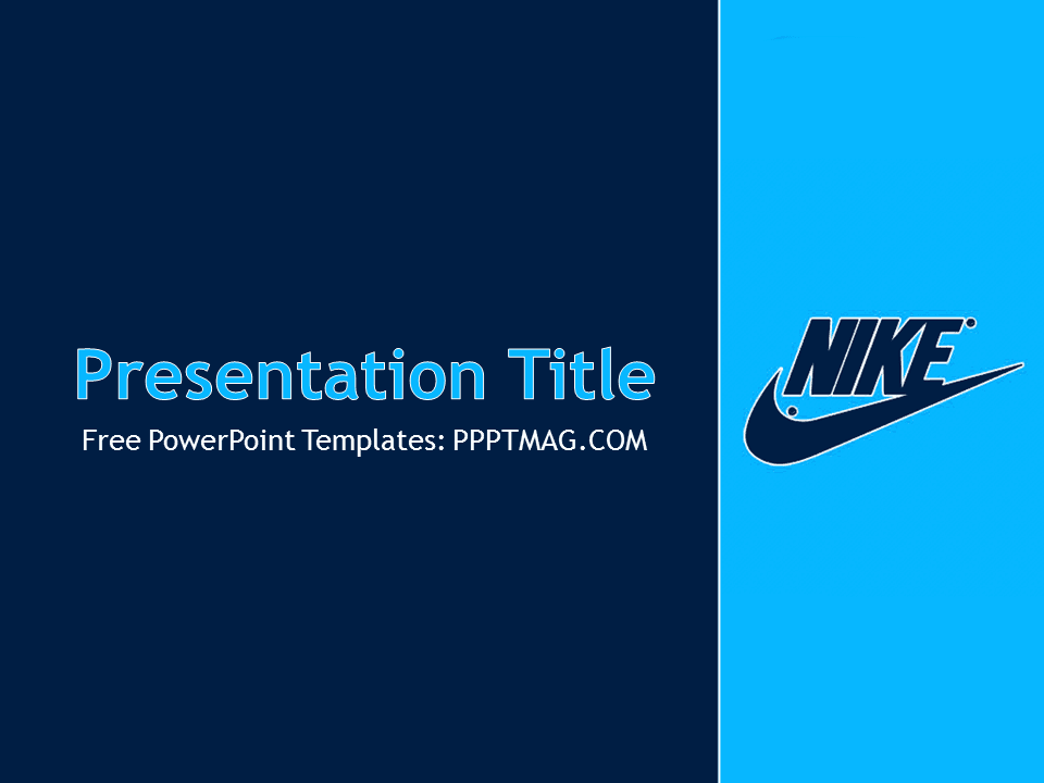 Nike PowerPoint Template cover slide with blue and dark navy split layout, Nike Swoosh logo