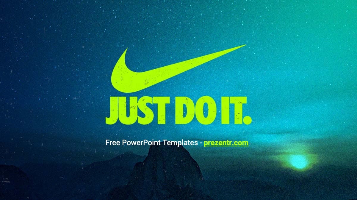 Nike PowerPoint Template cover slide with neon yellow swoosh logo and "Just Do It" text on teal gradient background