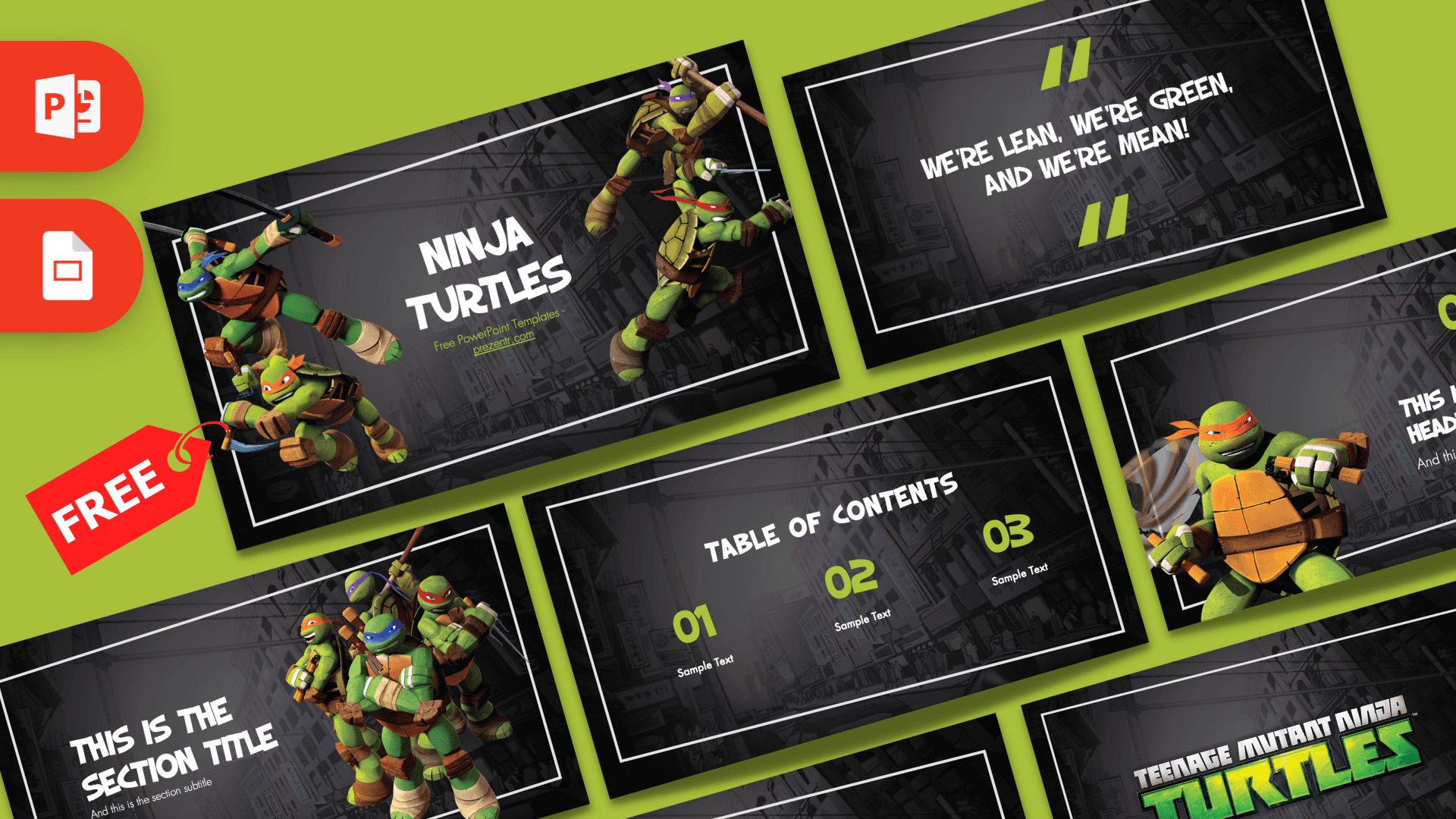 Ninja Turtles PowerPoint template cover with lime green and black design featuring cartoon turtle characters