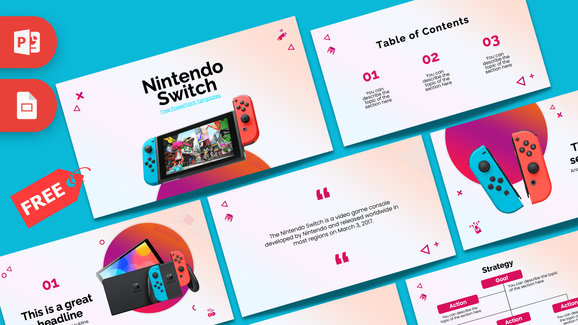 Nintendo Switch PowerPoint template cover with colorful gaming console and vibrant turquoise, pink design