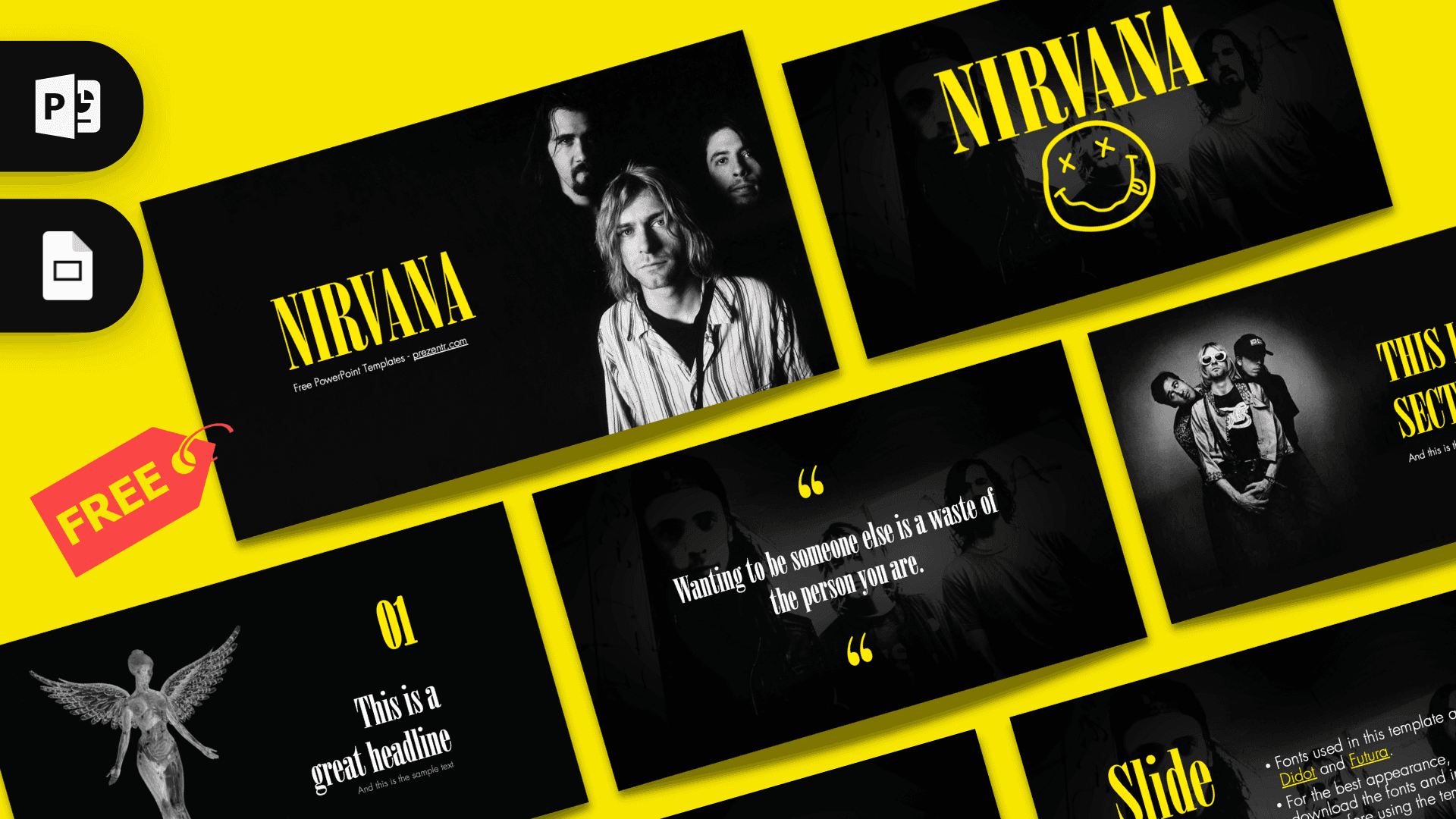 Nirvana PowerPoint template cover with yellow and black layout featuring band imagery
