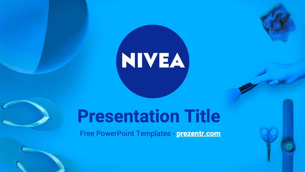 Nivea PowerPoint template cover slide with blue background, logo, and skincare product illustrations