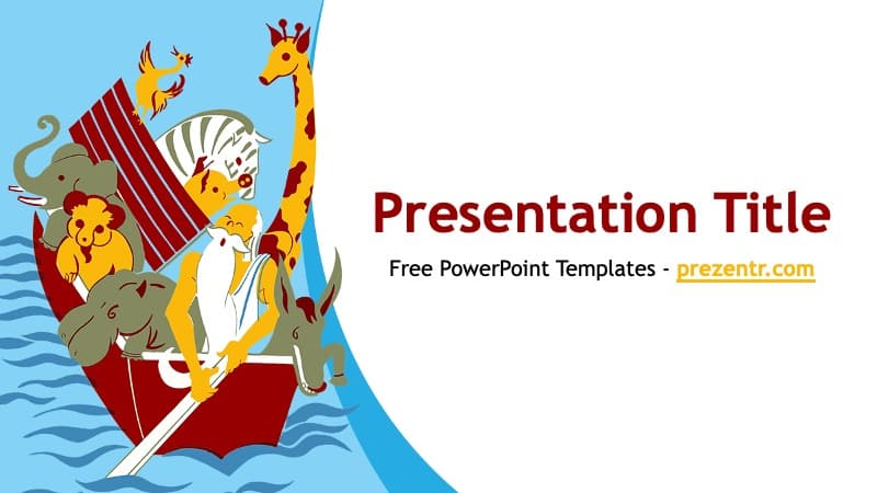 Noah's Ark PowerPoint Template cover slide with colorful animals and red boat on blue water