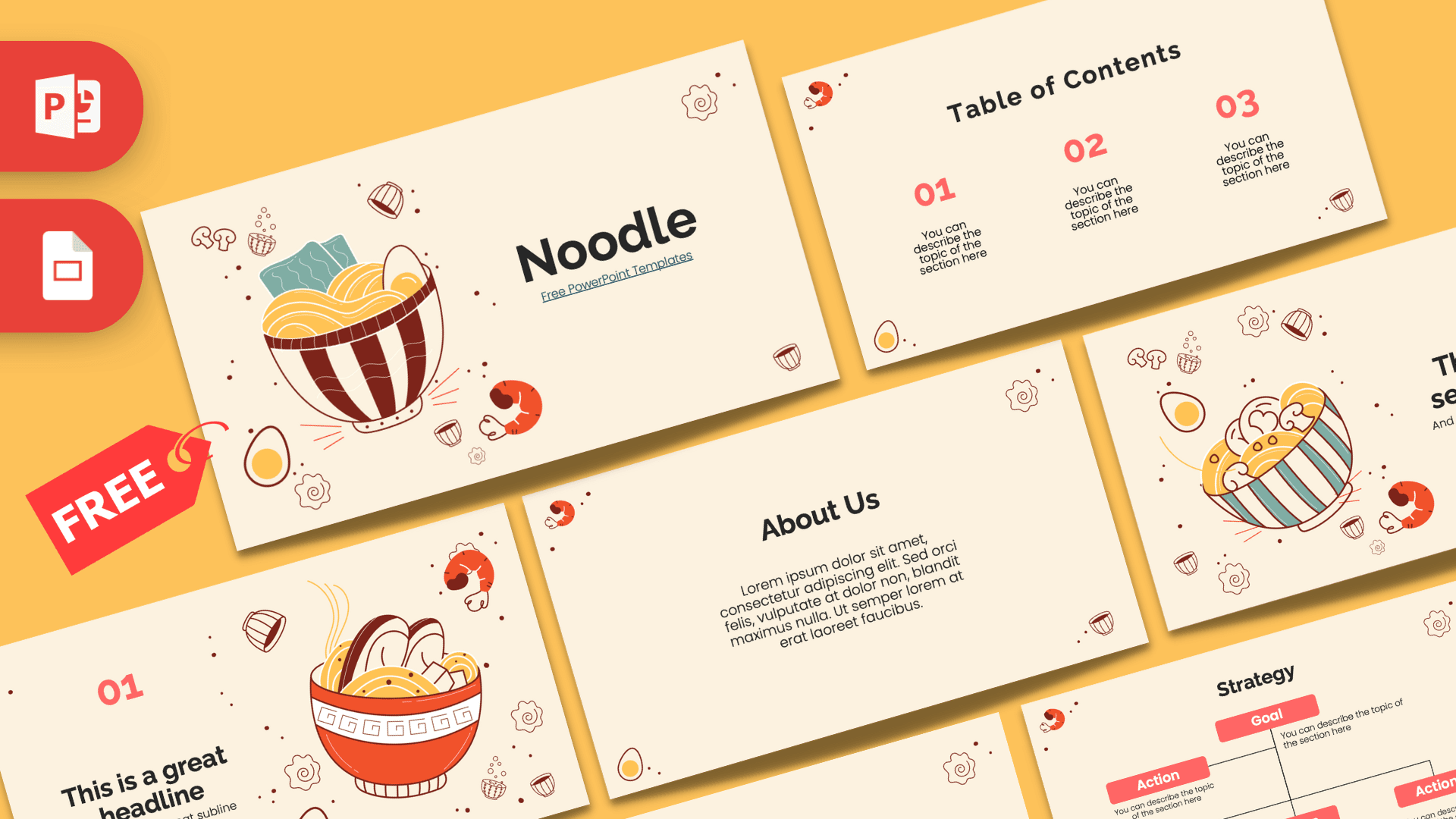 Noodle PowerPoint template cover slide with illustrated noodle bowls and Asian food icons on cream background