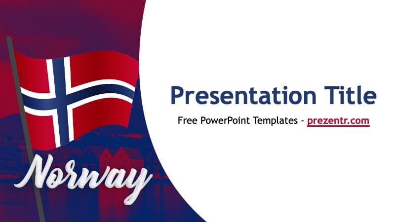 Norway PowerPoint Template cover slide with Norwegian flag, navy and red colors, and curved design elements