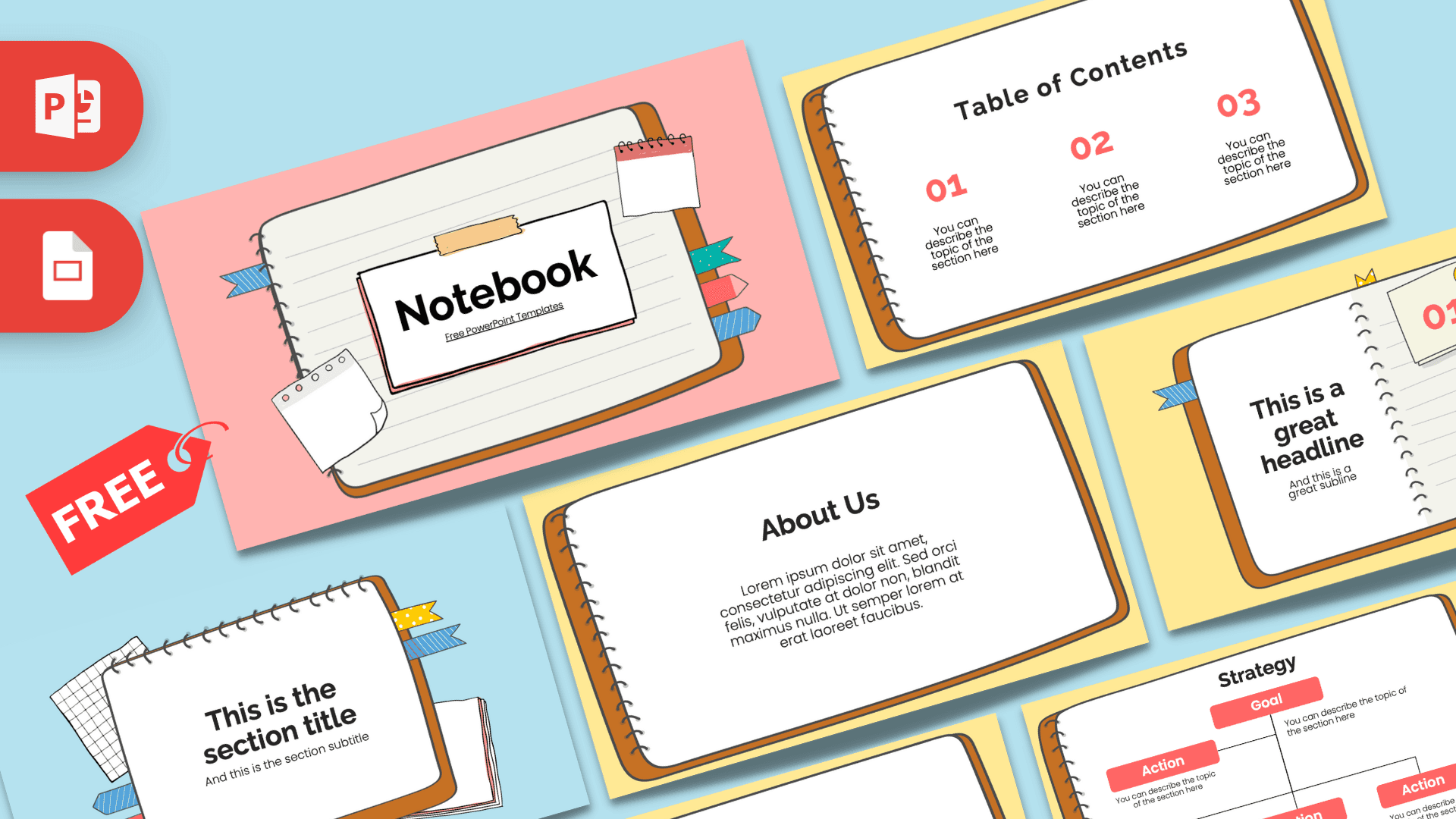 Notebook PowerPoint Template cover slide with pink notebook illustration and colorful bookmarks on blue background