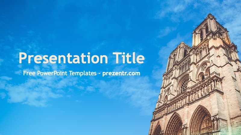 Notre-Dame PowerPoint Template cover slide with cathedral architecture against blue sky, white text overlay on left side