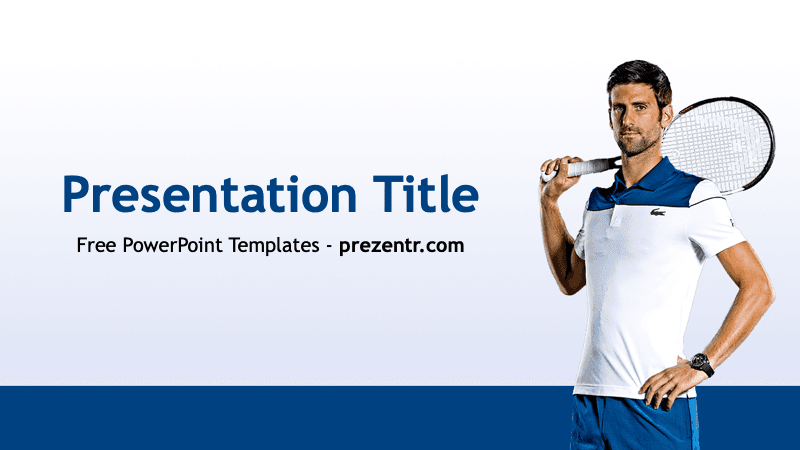 Novak Djokovic PowerPoint template cover slide with tennis player holding racket, blue and white color scheme