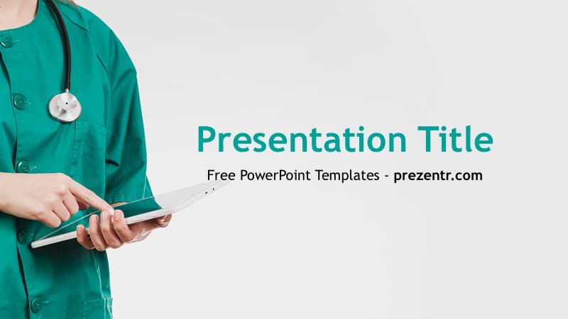 Healthcare professional in teal scrubs holding a tablet on the Nurse PowerPoint Template cover slide with gray background