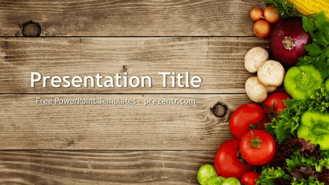 Nutrition PowerPoint Template cover slide with fresh vegetables arranged on rustic wooden background and white title text