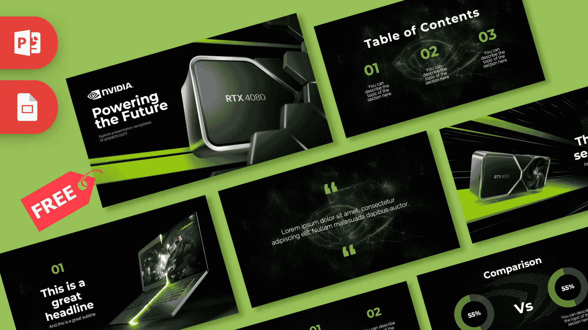 Nvidia PowerPoint template cover slide featuring RTX 4080 GPU with black and lime green design elements