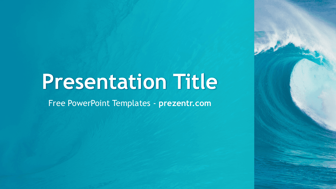 Ocean Waves PowerPoint Template cover slide with turquoise background and crashing wave image