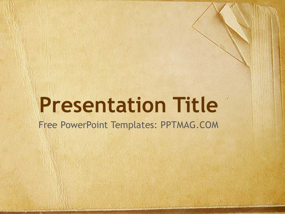 Old Book Paper PowerPoint Template cover slide with beige textured background, folded corner detail, and brown title text