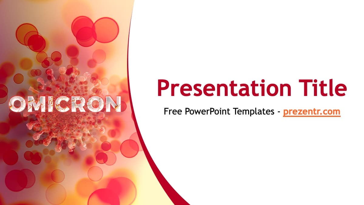 Omicron PowerPoint template cover slide with red particle design and gradient background