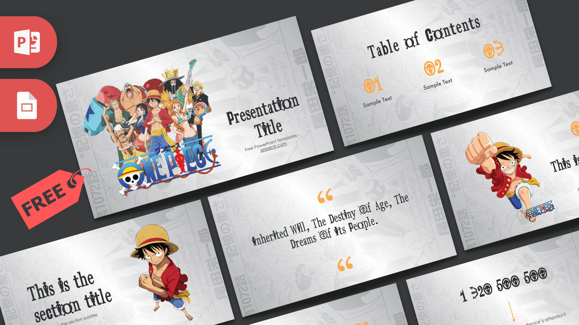 One Piece PowerPoint Template cover slide with anime characters and gray textured background