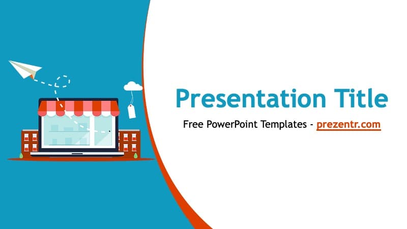 Online Business PowerPoint Template cover slide with teal background, storefront illustration, and curved red design element