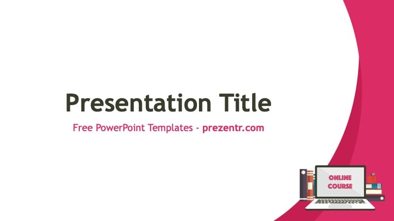 Online Course PowerPoint Template cover slide with pink curved design and laptop illustration