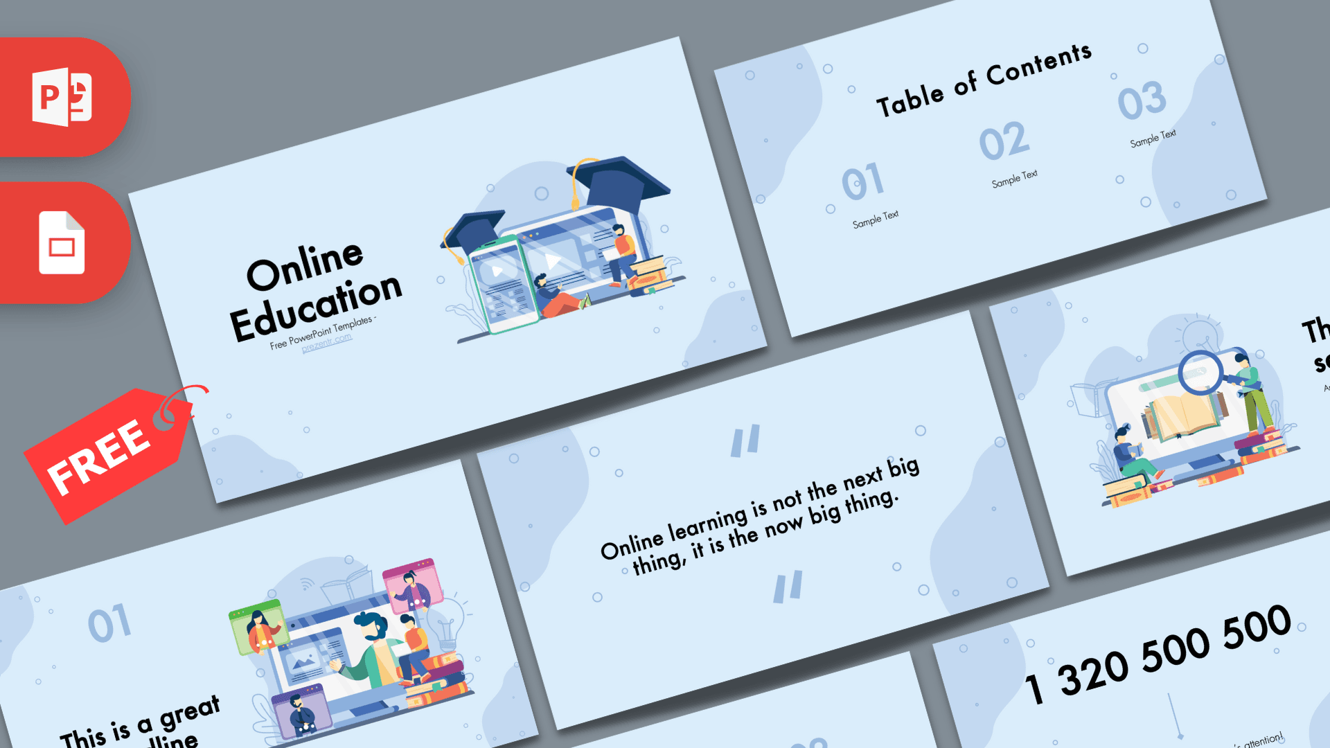 Online Education PowerPoint template cover slide with blue gradient background and illustrated students learning