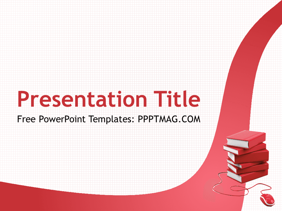 Red and white Online Learning PowerPoint Template cover slide with stacked books, computer mouse, and curved design elements