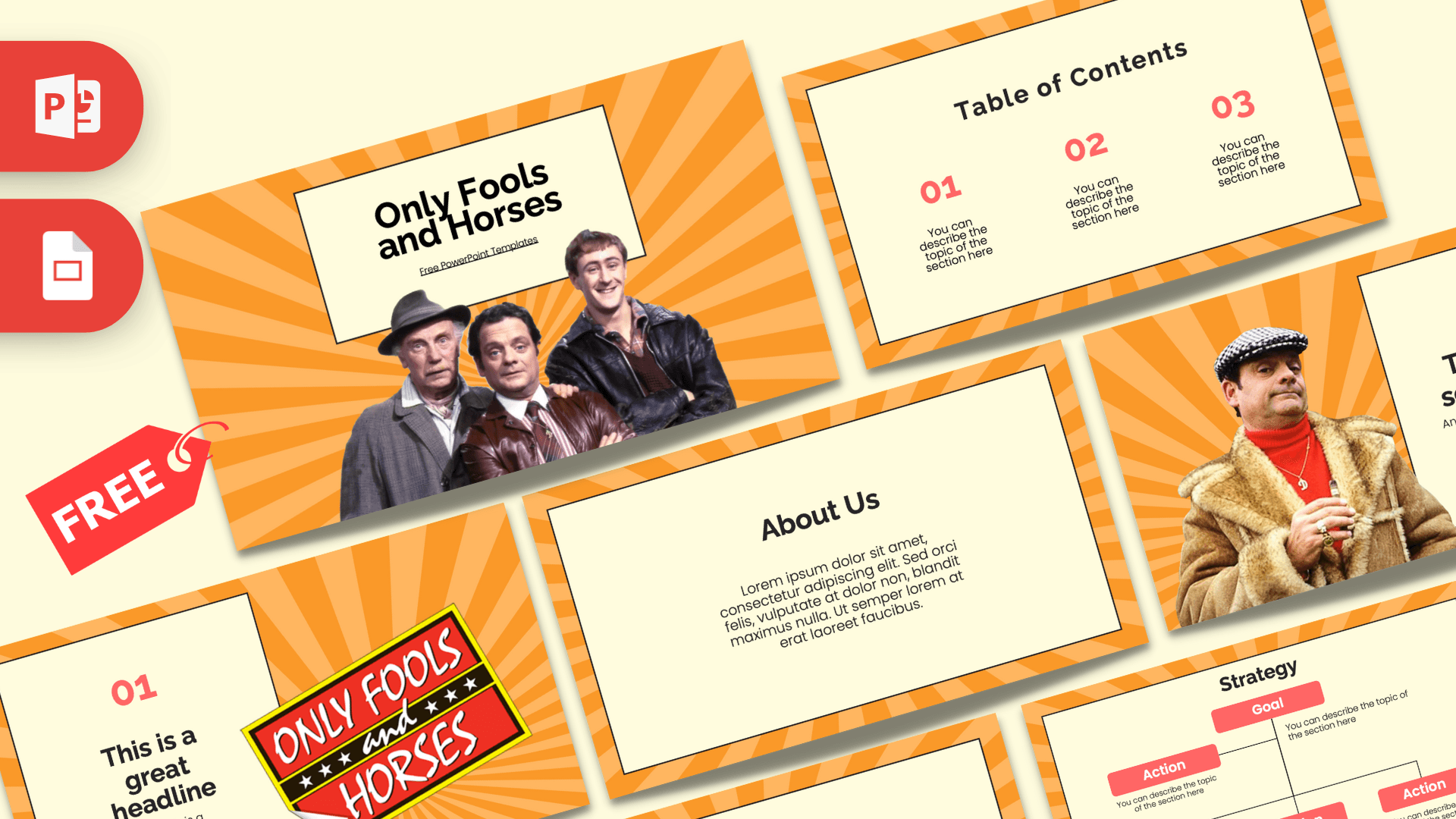 Only Fools and Horses PowerPoint template cover with orange radial background and three men in casual 1980s attire